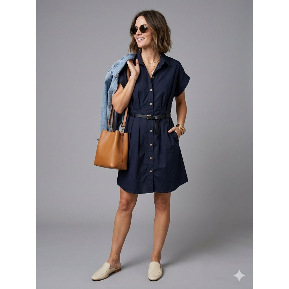 NWT Anthropologie Faya Short Sleeve Belted Shirt Dress Size L Black Minimalist